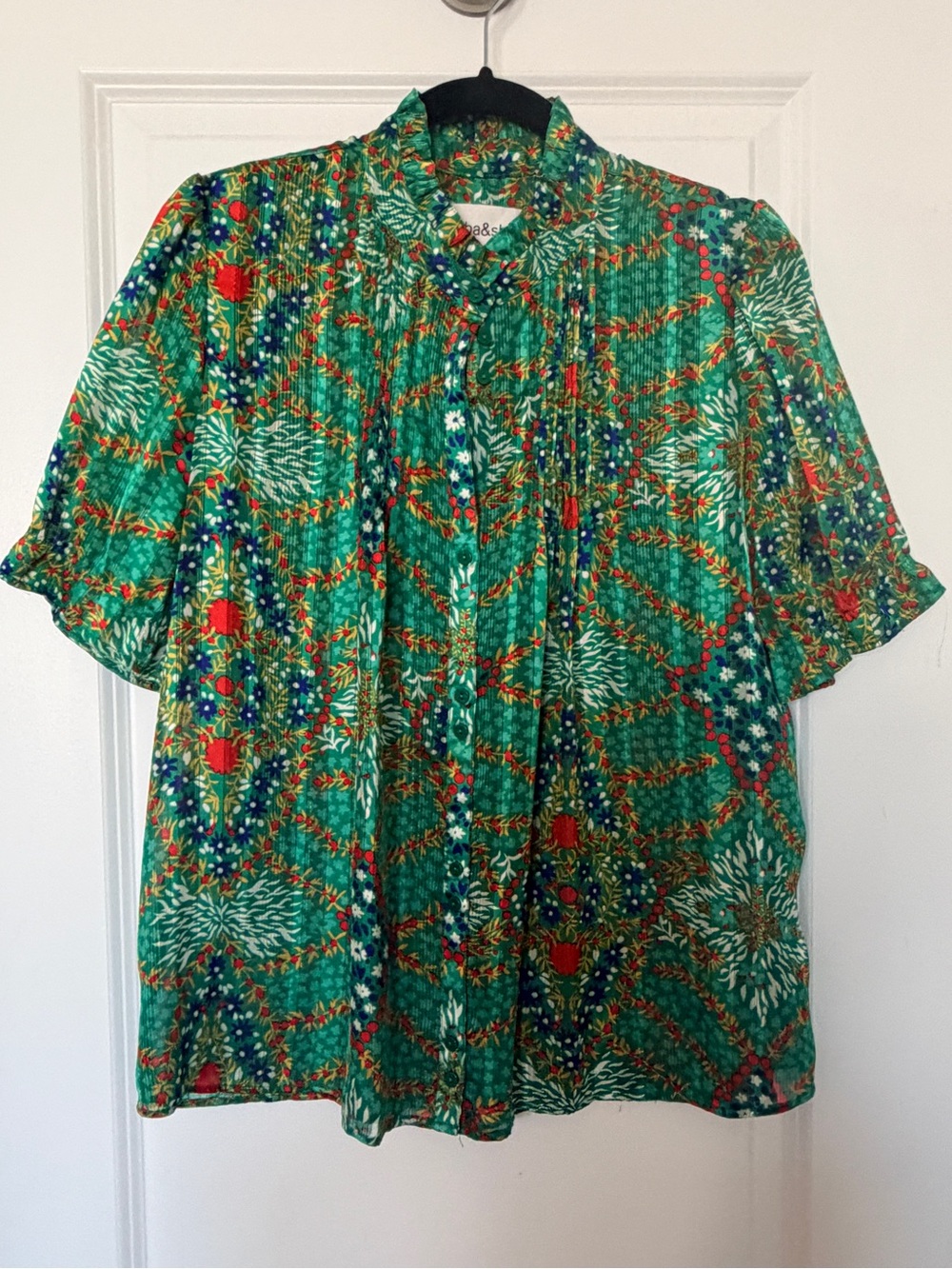 ba&sh Katy Green Floral Print Puff Sleeve Blouse